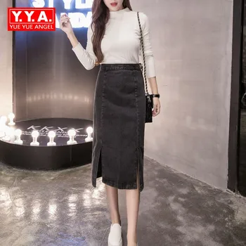 Doamnelor Coreeană Talie Inalta Blugi Fusta Direct Fantă Munca De Birou Femei Slim Fit Casual Denim Saia Zip Mid Calf Mult Faldas Mujer
