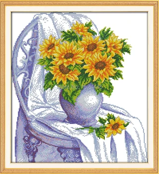 Scaun cu floarea-soarelui,Model imprimat pe panza DMC 11CT 14CT cruciulițe kituri,lucru manual Set de broderie.Flori Frumoase
