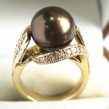 TRANSPORT GRATUIT>>>@@ frumoase bijuterii noi 18KGP decorat cu cristal &12mm coajă maro pearl inel(#7.8.9)