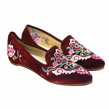Etnice Femei Trend de Toamna/Primavara a Subliniat Toe Mătase Superioară Pene Pantofi Casual Florale Brodate Slip-On Doamnelor Pantofi de Moda