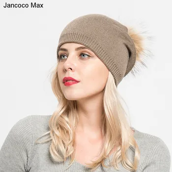 Jancoco Max De Iarnă Din 2018 Femei Blană De Raton Mingea Pompom Căciuli Capace De Înaltă Calitate Cașmir Bereta Pălării De Moda S7155