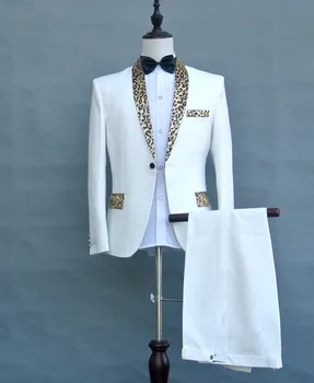 (geaca+pantaloni+cravata) alb-Negru Leopard guler de sex masculin costum Gazdă Bal Formale costume Barbati cantareata Cor de performanță haine