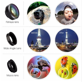 APEXEL 3 in 1 Clip aparat de Fotografiat Telefon Mobil 198 Grad Obiectiv Fisheye + 0.63 X cu Unghi Larg +15X Obiectiv Macro pentru iPhone, Samsung, Xiaomi