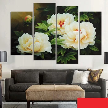 Noi Modular Poze 4 bucati albe de flori moderne, pictura pe perete bujor canvas wall art rosii imagini cu flori pentru camera de zi gratuit s
