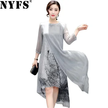 NYFS 2018 Nou Stil de Primavara-Vara rochie de Epocă Femei Fals două piese Rochie Slim neregulate rochie lunga Vestidos Elbise Rochii