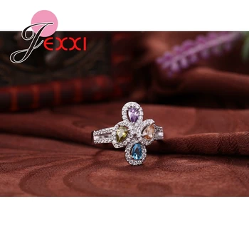 JEXXI 1buc Moda Femei Coloroized Cristal Inele Fermecător Cross Design Cubiz Zircon Fete 925 Inel Argint Bijuterii Lady