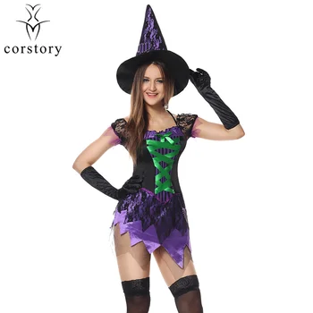Corstory Mov&Negru Costum De Halloween Vrăjitoare Pentru Femei Cosplay Carnaval Petrecere Fancy Rochie Mini De Sex Feminin Uniformă