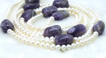 Timp de 60 de inci de perle albe Naturale și Baroc Violet Colier de cristal -5268