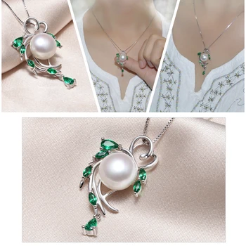 FENASY Seturi de Bijuterii Perla,Perla Pandantiv Colier Cercei Pentru Femei ,Boem argint 925 cu Smarald frunze mari cercei set
