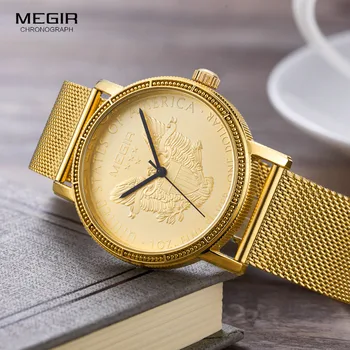 Megir Mens Aur de Moda Cuarț Încheietura Ceasuri Cadran Rotund din Oțel Inoxidabil Curea Rochie Formale Ceas de mână de Om 2032