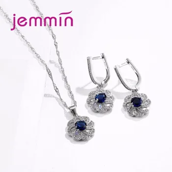 Jemmin Rafinat Argint 925 Culoare Floare de Bijuterii Cu Moda Albastru CZ Cristal Seturi de Bijuterii Pentru Mireasa/Accesorii pentru Femei
