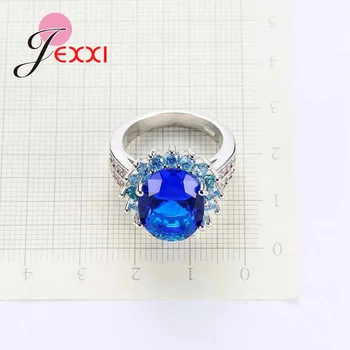 JEXXI mai Recente de Lux pentru Femei Inele Zircon Mare în Jurul valorii de Albastru de Cristal Bijuterii pentru Nunta Petrecere Fierbinte Argint 925 Bague
