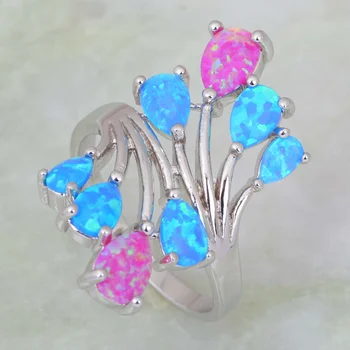 Floare Bijuterii Petrecere Inele pentru femei Albastru Roz Opal inel Argint 925 Suprapunere dimensiune inel 5 6 7 8 9 R421