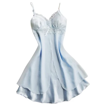 Femeii Dantela Lenjerie Babydoll camasa de noapte Curea Sleepwear -Albastru