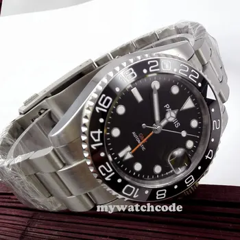 40mm Parnis cadran negru Ceramice Rotatig Ramă de sticlă de Safir bezel Ceramica GMT automatic mens watch relogio masculino P338