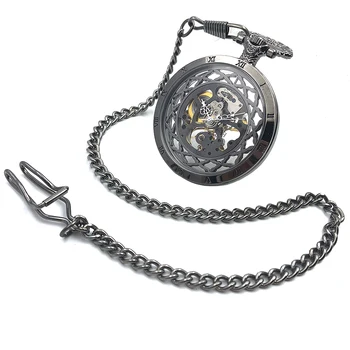 ADVANCEDCLEANER Brand New Sosire Față Deschisă Caz Negru Schelet Steampunk Mână Vântul Mens Ceas de Buzunar W/Chain Reloj De Bolsillo
