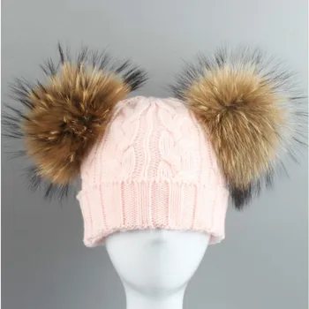 Care, în duș femeie, fată, pălărie de iarnă cu blană pom pom minge de moda părinte-copil double real blană de raton pompom cablu tricot pălărie