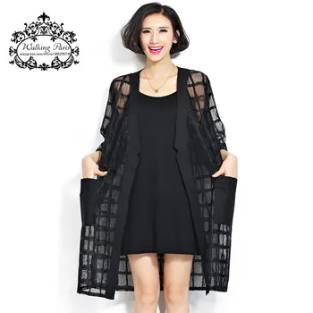 Nou Plus Dimensiune Șifon Haina de Vară Stil de Moda de Îmbrăcăminte pentru Femei de Dimensiuni Mari Carouri Negru Imprimare Vrac Jumătate Maneca Doamna Cardigan Lung