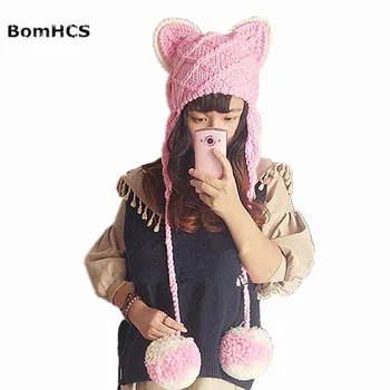 BomHCS Roz Drăguț Urechi De Pisică Beanie Pentru Femei De Iarnă Caldă Handmade Tricotate Pălărie