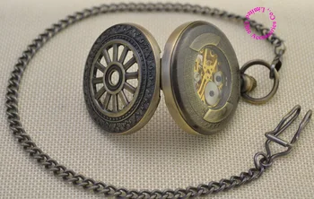 Mecanic Schelet de Oțel Barbati bronz Ceas de Buzunar vintage retro moda veche Om fob ceasuri Clasic Roman Dial talie lanț