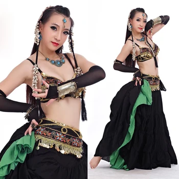 ATS 2018 Belly Dance Tribal Haine pentru Femei 4 Piese Costum Set Bronz Antic Margele Sutien Curea Fuste Gypsy Costume de Dans