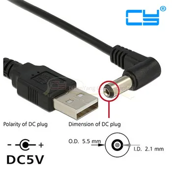 5pcies/lot USB 2.0 Tip b la Dreapta în Unghi de 90 de Grade 5.5 x 2.5 mm DC 5V Putere Plug Butoi Conector Cablu 80cm