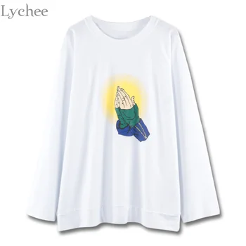 Lychee Harajuku Vara Femei T Shirt Strălucire Mână De Imprimare Liber Casual Cu Maneci Lungi T-Shirt Tee Top De Sex Feminin