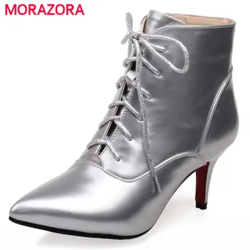 MORAZORA Noi femei pantofi glezna cizme dantela-up față subliniat toe din piele de brevete solide de primăvară de toamnă de mari dimensiuni cizme 34-43