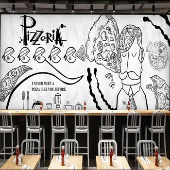 Fotografie tapet pictate manual alb negru murală magazin de pizza restaurant tapet de fundal de bucătărie murală