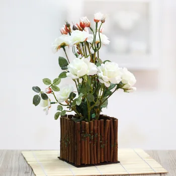 Gard de lemn bonsai Artificial flori de trandafir cu vaza set ghivece de Flori false desktop plante decor acasă