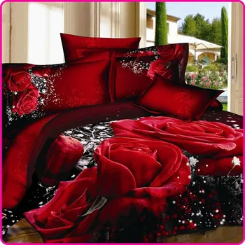 Unihome 3D Red Rose Set de lenjerie de Pat de Nunta Unic Lenjerie de pat Queen-Size 4BUC Lenjerie de pat din Bumbac Pilota/Plapuma/Pilota Carpetă Acopere Seturi