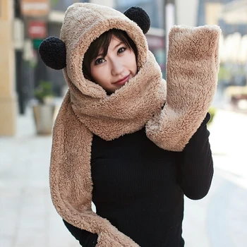 Femei panda pălărie de blană capota scarf Mens Hat Lambouri Ureche Parte Buzunare Pălărie Panda de Pluș Cald Iarna Capac cu Eșarfă Lungă Mănuși cu un deget Mănuși