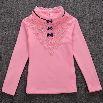 2017 Fete Toamna Lace T-Shirt Alb, De Bumbac, De Culoare Roz Bowknot Îmbrăcăminte Pentru Copii Cămăși Pentru Copii Fete Maneca Lunga Jos Topuri De Vârstă 3-14