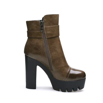 JK 2018 Nou Design Doamnelor Glezna Cizme Înalte cu Toc Gros Pantofi de Femeie cu Fermoar Toamna Cizme de sex Feminin Platforma Pantofi de Iarna Rotund toe