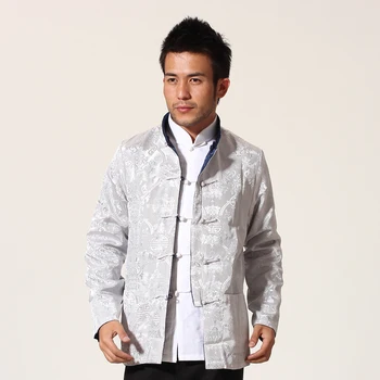 Albastru Argintiu Bărbați Chinez Satin Jachetă cu Două Fețe Kung Fu Haina Guler Mandarin Tang Costum de Sus Palton M L XL XXL XXXL MN09