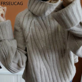 FRSEUCAG Iarna noi casual, de înaltă gât femei pulover de cașmir pulover tricotate cu mâneci lungi pierde sacou cald pulover reale