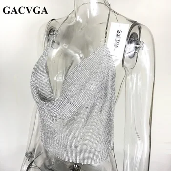 GACVGA 2018 Cristal de Diamant Sexy Backless Femei Topuri de Cultură Halter Tank Camis Trunchiate Sutien Top de Cultură Curea Doamna Vesta Parte Tricou