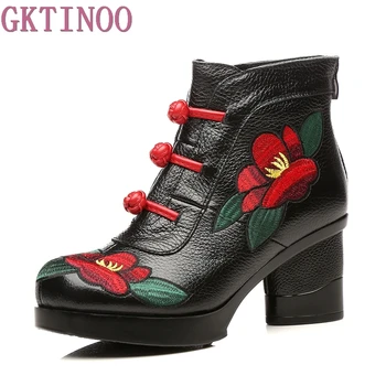 GKTINOO Florale Glezna Cizme Pentru Femei Toamna Iarna din Piele pentru Femei Cizme Retro Manual Comforable Pantofi cu Tocuri Înalte
