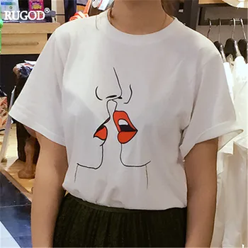 RUGOD 2018 Noi de Vara Rosu Dulce Sărut de Imprimare Tricou Bluza Femei Alb O-Gat Maneci Scurte din Bumbac Tricou Haine de sex Feminin Topuri