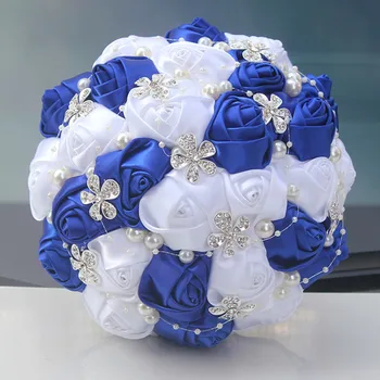 Ruyal Albastru De Cristal Arunca Buchetul De Nunta Handmade Margele Perle Artificiale Brosa Trandafir De Mătase Flori Mireasa, Buchete De Mireasa W224-8