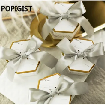 Creative cutii de bomboane de nunta cu gri panglici de hârtie saci de favoarea marmură tipărite chololate recipient de suveniruri COPIL de DUS CUTIE 30PC