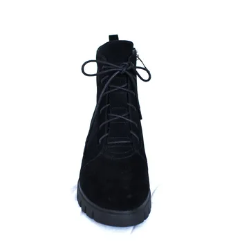 2018 Noi de iarna doamnelor cald real blana căptușite pantofi femei piele de căprioară negru din piele groasa cu toc mic dantela sus glezna cizme Pritivimin FN50