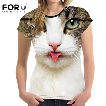 FORUDESIGNS 3D Cat de Imprimare T-shirt Femei 2018 Vara tricou Femei tricou Amuzant O-Gât Topuri Tânără Camasi Casual Plus Dimensiune