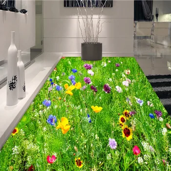 Etaj personalizat Tapet Pajiște Verde, Flori 3D din PVC Podea Murală Decor Purta Non-alunecare rezistent la apa Fundal Autocolante Decor 3D