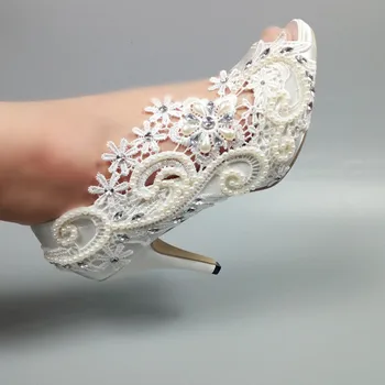 2018 Nou alb Dantela Femei weddding pantofi Peep Toe perla de cristal rochie de petrecere pantofi 5 cm/8 cm/10 cm toc subțire Pompe de Înaltă pantofi