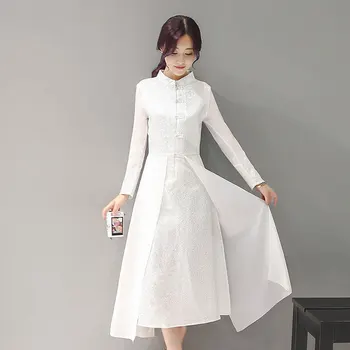 Primăvara Femei rochie Lunga Maneca Trei Sferturi Sta Gât Subțire de Vânt Chinez Îmbunătățit Cheongsam Jacquard Rochii Albe 3083