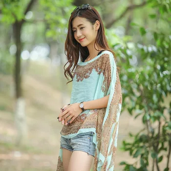 Femei vara fierbinte de vânzare Casual Imprima O-gât Jumătate Sifon Batwing Maneca bluza femeie de primăvară supradimensionate liber de acoperire tricouri
