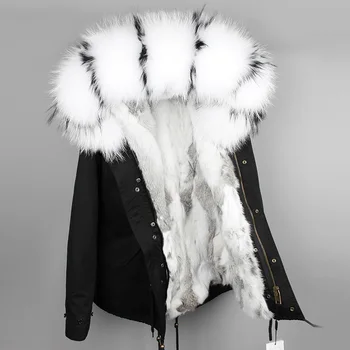 Femei de moda a lui naturala de iepure blană cu glugă haina mini parka raton guler de blană uza jacheta de iarna