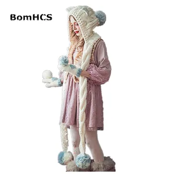 BomHCS Drăguț Urechi Frumoase Femei Alb Căciulă cu Fular Manusi Handmade Tricotate Pălărie, Cravată Cadou